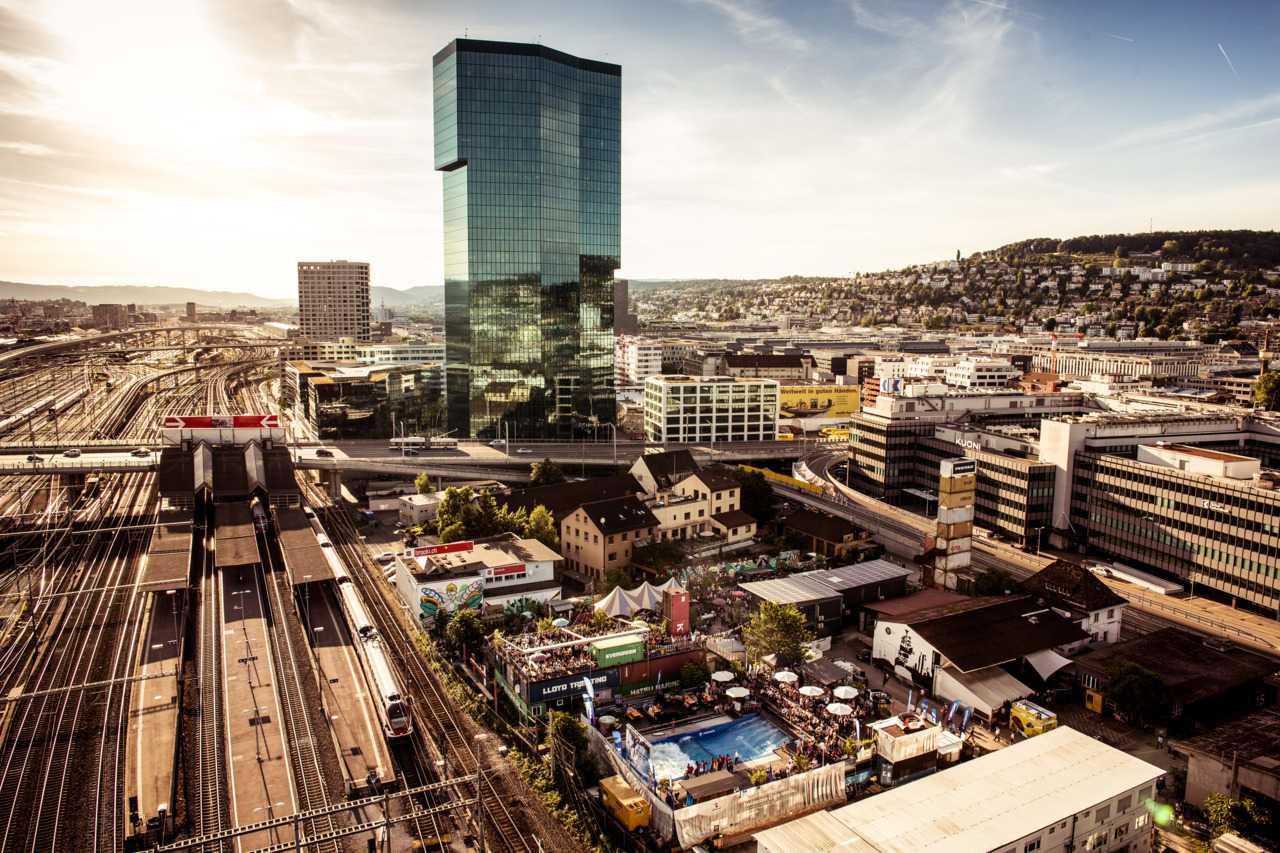 Aerial view of Zürich-West district showing the Prime Tower and surrounding development
