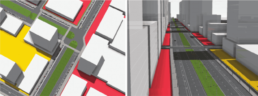 The LakeSim model including details such as sidewalks, bike lanes, etc. in addition to basic road and building information