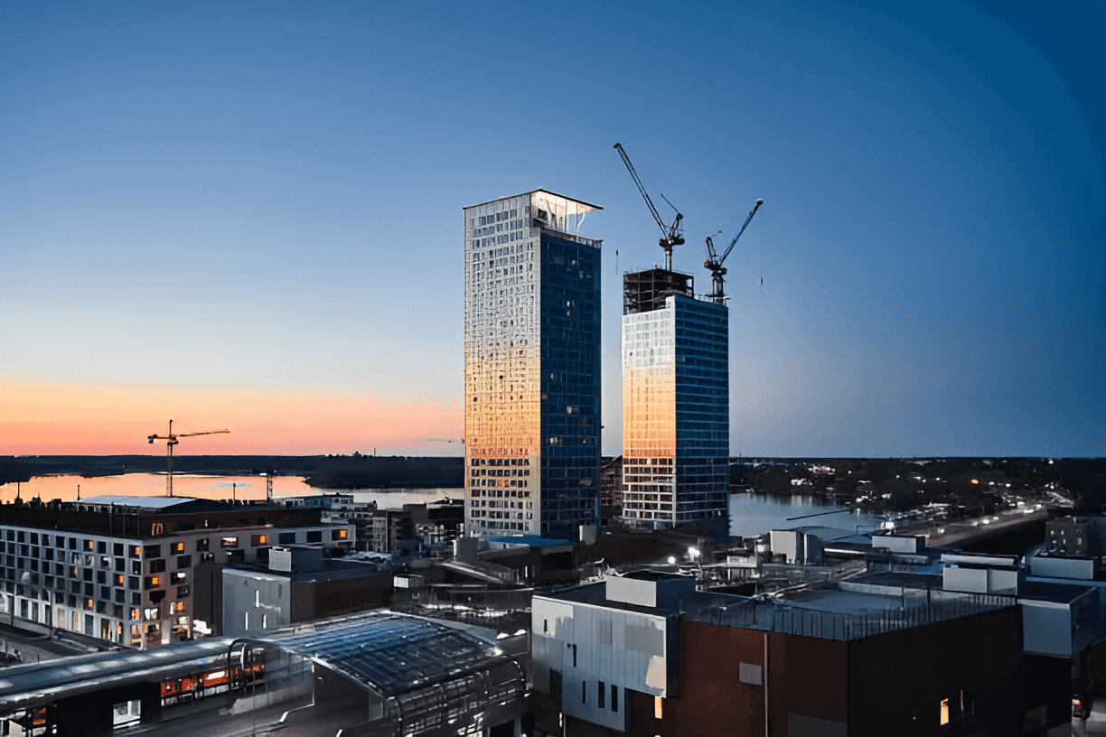 Aerial view of first skyscrapers in Finland in Kalasatama district.